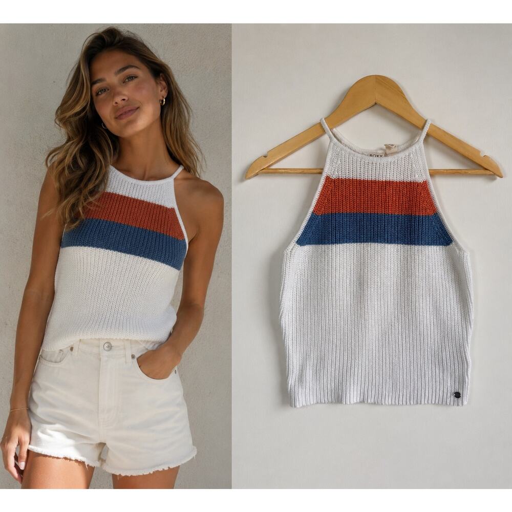 Roxy Knit Halter Tank Top Small Striped Crochet Beach Boho Sweater Tee